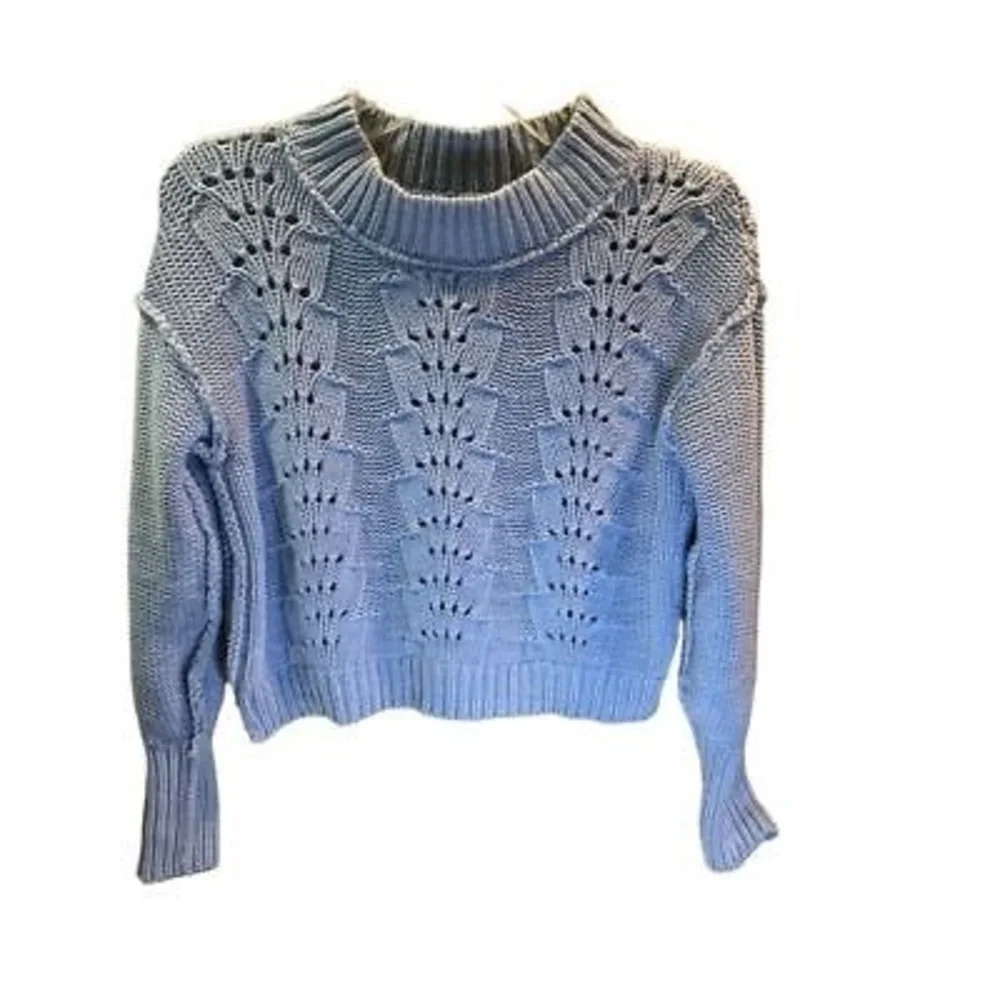Free People Women's XS Blue Cable-Knit Pullover Sweater Chunky Knit